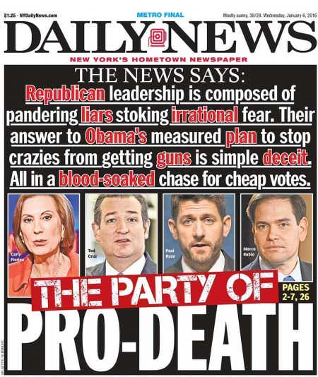 Daily News Calls Republicans Irrational, Deceitful, Blood-Soaked Liars over Guns