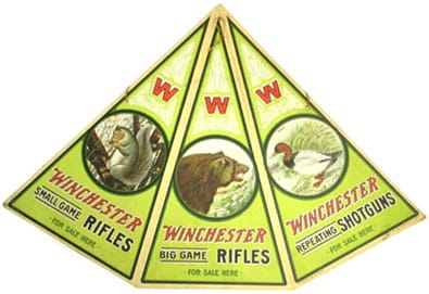 Winchester mobile-style three-panel triangle die-cut, patented in Feb. 1909 by John Ingelstroem Co