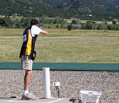 COLORADO SPRINGS, Colo.--Sgt. Glenn Eller, U.S. Army Marksmanship Unit, fires on a target during the U.S. National Shotgun Championships July 13. Eller won a Gold Medal at the 2008 Summer Olympics in China and has been sharing his victory with the country ever since. (Photo by Michael Molinaro, USAMU PAO)