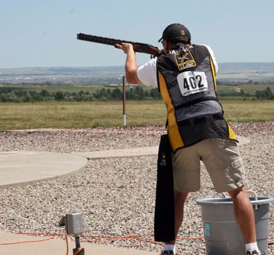 COLORADO SPRINGS, Colo.--Spc. Vincent Hancock, U.S. Army Marksmanship Unit, competes in the skeet event during the U.S. National Shotgun championships July 14. Hancock won top honors at the National Championships for the first time, adding to his collection of first-place finishes worldwide, including the 2008 Olympic Gold Medal in the same event.  (Photo by Michael Molinaro, USAMU PAO)