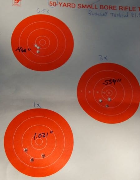 The Bushnell SMRS Elite Tactical displayed no change in point of impact when zoom settings changed.