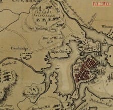 Detail of a 1775 Boston map depicting the location of the powder house, or magazine, now in Somerville Detail of a 1775 Boston map depicting the location of the powder house, or magazine, now in Somerville