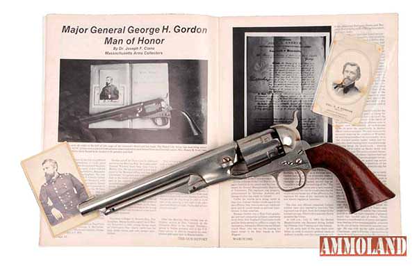 Colt Model 1860 “long-flute” revolver, manufactured in 1861, personal sidearm of Gen. George H. Gordon of the 2nd Massachusetts Volunteer Infantry, Union Army. Extensive provenance originating with Gordon family. Est. $8,000-$12,000. Morphy Auctions image