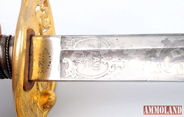 Close-up of blade on Tiffany silver hilt sword presented to Civil War Capt. George Van Beak by Company A, 33rd Missouri Volunteers. Sold for $12,000. Morphy Auctions image