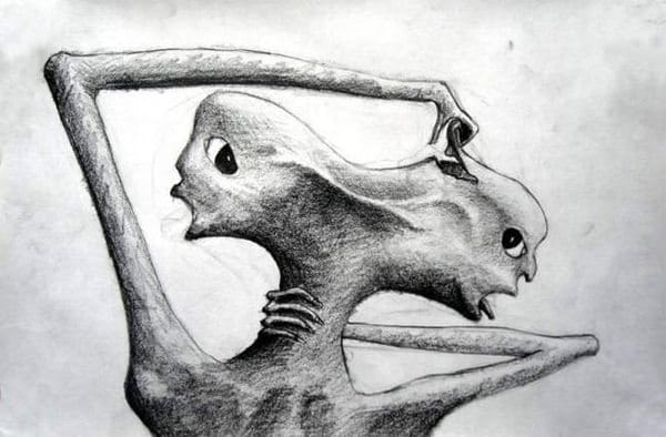 Schizophrenic : This drawing was found in an old asylum, its artist was a paranoid schizophrenic.