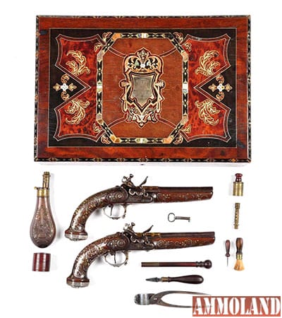 Cased set of silver wire and gold flintlock pistols, 18th century, French, stamped ‘Verney Lyon,’ est. $15,000-$20,000. 