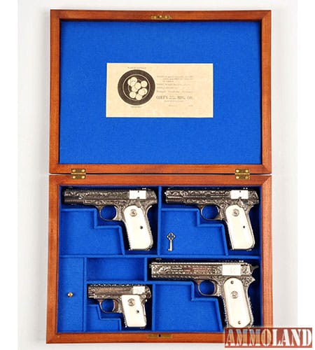 Engraved set of four Colt semi-automatic pistols, each manufactured between 1914 and 1920, est. $8,000-$12,000.