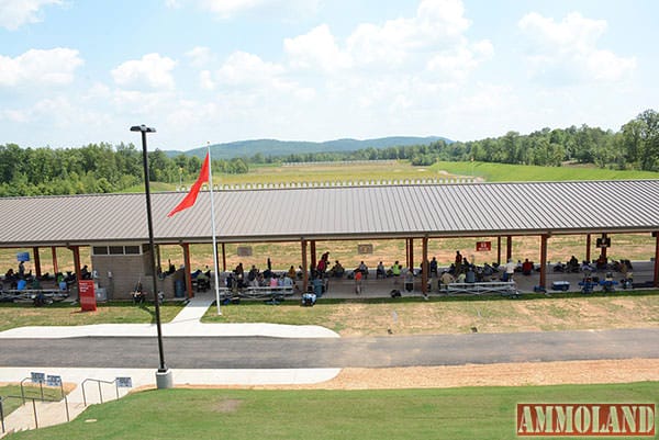 Covered firing lines shield competitors from the sun at each firing line at Talladega Marksmanship Park.