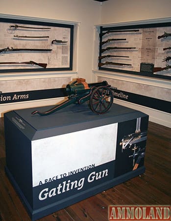 Patent model of the Gatling gun--a miniature wooden prototype of Richard Gatling's original design.The Miles Greenwood Foundry and Machine Works of Cincinnati, Ohio, made the first six Gatling guns, but they were destroyed by fire. The Cooper Firearms Manufacturing Company in Philadelphia, Pennsylvania, improved the patent model between 1865 and 1866. Gatling gun patent, November 4, 1862, Hertford County, North Carolina. On loan from the Smithsonian Institution National Firearms Collection, National Museum of American History. L.373.2012.51.