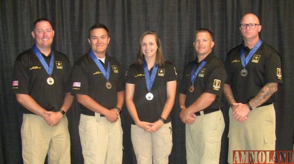 The U.S. Army Marksmanship Unit Service Pistol Team members display the medals they and 31 other marksmen received as the top 36 2016 Bianchi Cup National Championship finalists May 27. More than 200 shooting sport competitors participated in the event. Photo Credit: Ms. Brenda Rolin (U.S. Army Accessions Support Brigade)