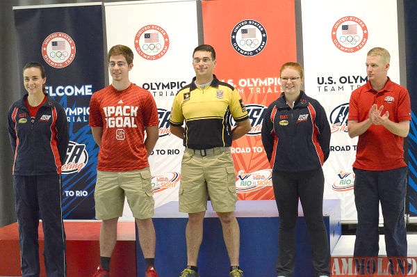 Five athletes were chosen at Camp Perry for the final Olympic team spots. Left to right: Sarah Scherer (air rifle), Lucas Kozeniesky (air rifle), Dan Lowe (air rifle), Lydia Paterson (air pistol), Will Brown (air pistol)