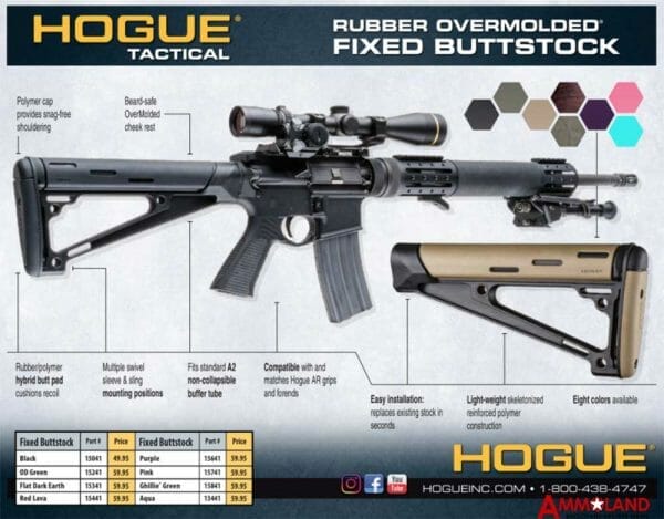 Hogue AR-15 M16 Rubber Overmolded Fixed Buttstock SPECS