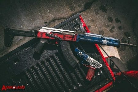 C39v2 Zhukov AK-47 Rifle custom cerakoted in a distressed Texas Flag design by Blackout Custom Cerakote