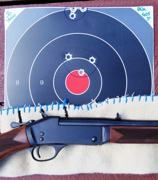 The Remington 405 grain rounds shot consistently high but gave excellent groups from the bench.