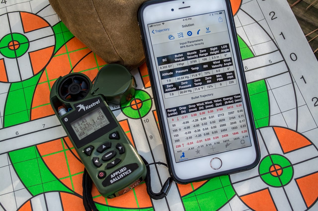 These days you have options for portable ballistic computers. The Kestrel (left) is a self-contained weather station and ballistics computer. The Ballistic AE app (right) runs on an iPhone.