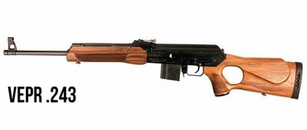 Vepr .243 features a look similar to an AK, with a thumbhole buttstock and walnut foregrip.