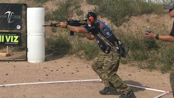 Travis Gibson, of Caldwell, Idaho, on the move at the recent Surefire World Multi-Gun Championship at the Pro Gun Club of Boulder City, Nevada. 