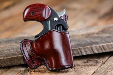 Derringer Handgun in Holster on Wood Background