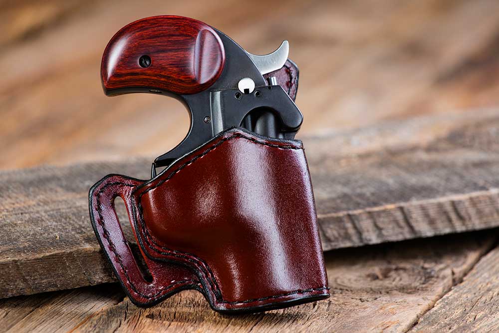 Derringer Handgun in Holster on Wood Background