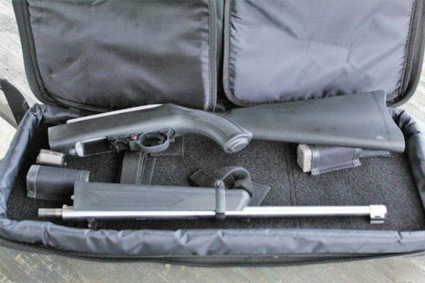 The Ruger 10/22 Takedown in its nylon case. There are plenty of pockets for extra goodies.