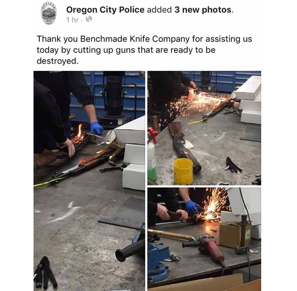 Benchmade assists Oregon City Police in the destruction of firearms