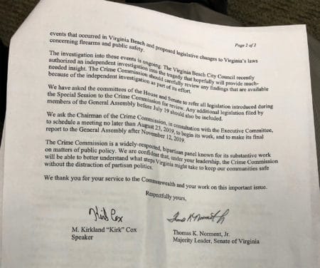 Joint letter from the Virginia Speaker of the House, Kirk Cox, and Senate Majority Leader, Tommy Norment, on using the State Crime Commission