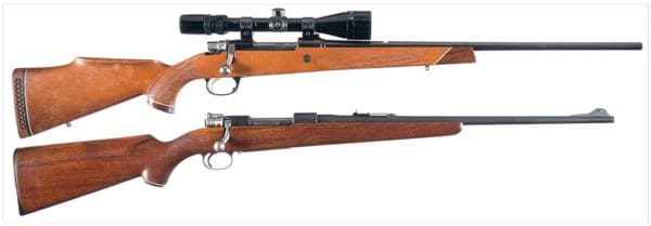  Kaksi Mauser Bolt Action-Kivääriä; TOP Parker Hale Mauser Rifle with Scope, BOTTOM Fabrique Nationale J. C. Higgins Model 50 Rifle