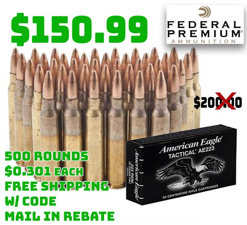 223 Rem Ammo For Sale - 55gr FMJ-BT American Eagle - 500 Rounds