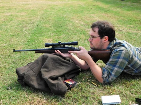 Shooting the Henry Single Shot rifle at fifty yards.