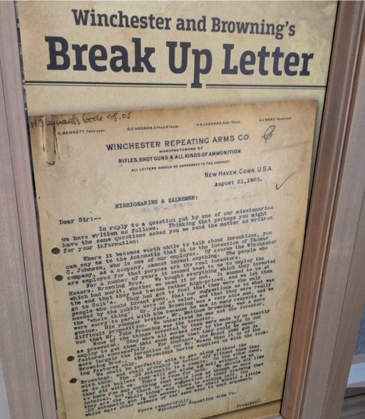 Winchester and Browning's Break Up Letter featured at the Cody Firearms Museum. Photo by Duncan Johnson