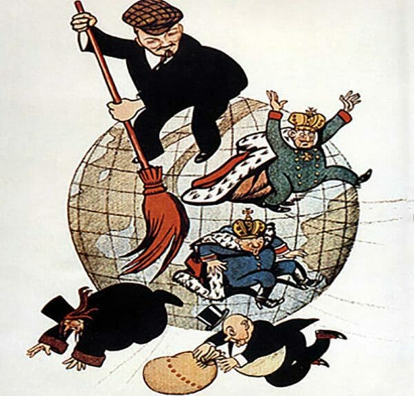 Do not ask for whom the broom sweeps, useful idiot “progressive capitalists.” (Soviet poster "Comrade Lenin cleans the Earth from impurities," by Viktor Deni, Public Domain)