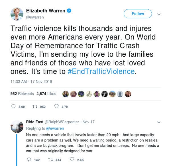 Warren's #EndTrafficViolence Pushes Orwellian Word Use Too Far