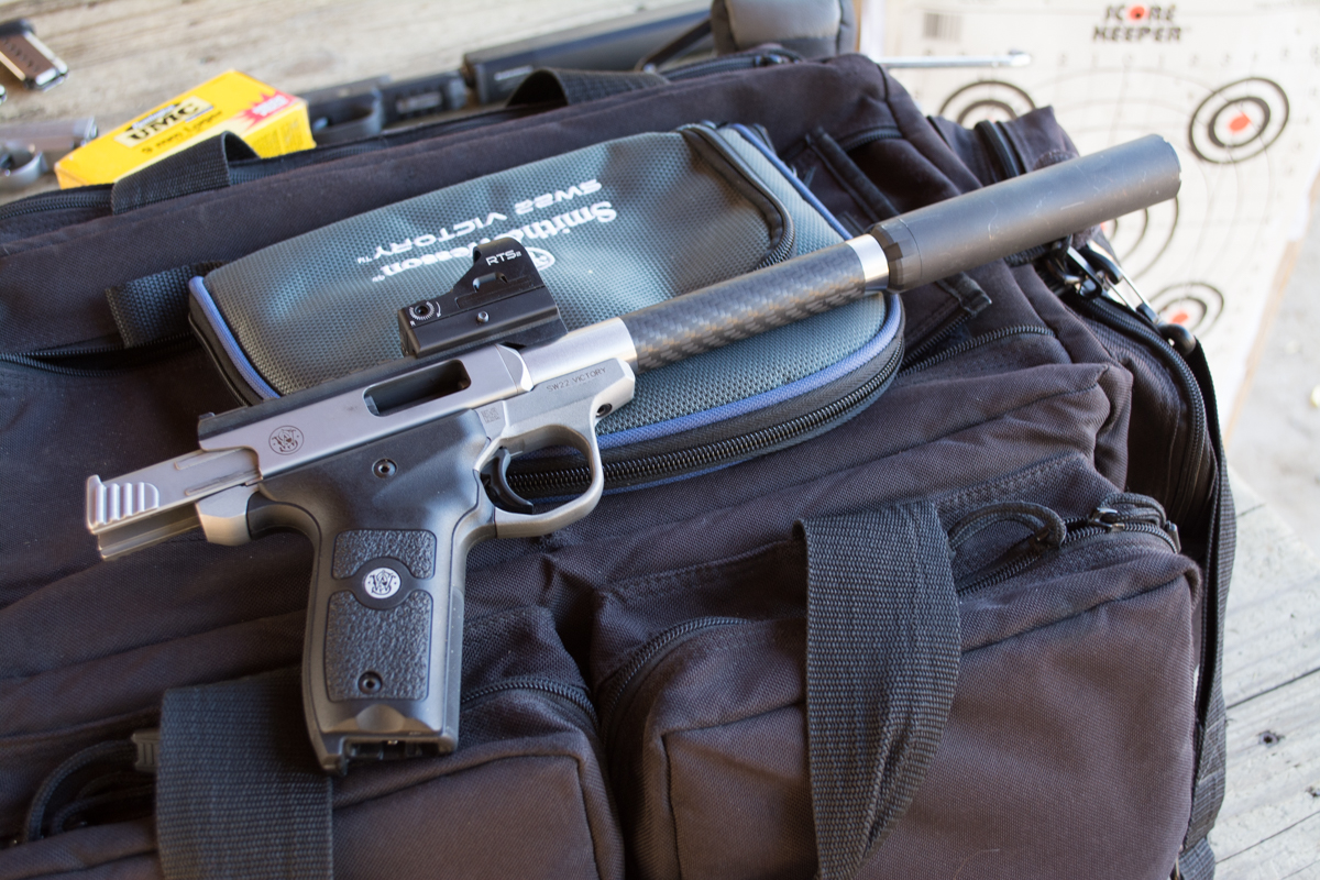 There's not much more fun than a .22 setup like this Smith & Wesson Victory with some customized gear like a Volquartsen barrel and SilencerCo Sparrow suppressor.