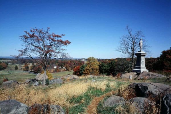 A monument stands near Little Round Top at Gettysburg National Military Park in Gettysburg, Pa.
