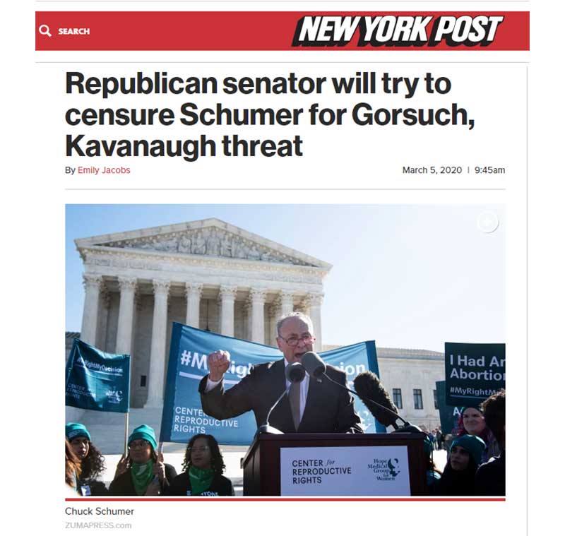 Republican senator will try to censure Schumer for Gorsuch, Kavanaugh threat New York Times