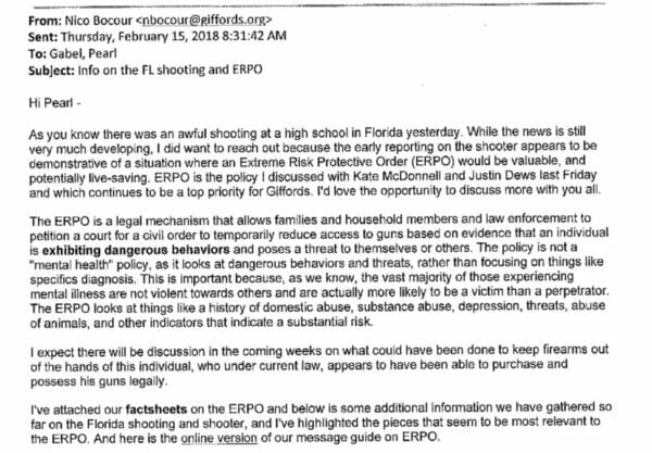 Giffords Nico Bocour to Governor Phil Murphy’s office Regarding the Parkland Florida Shooting February 15 2018