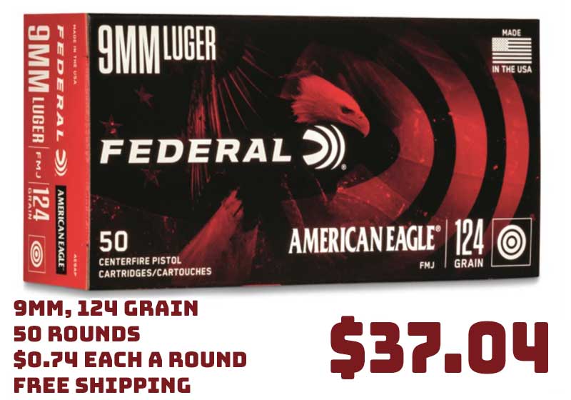 Federal American Eagle, 9mm, FMJ, 124 Grain, 50 Rounds April2021