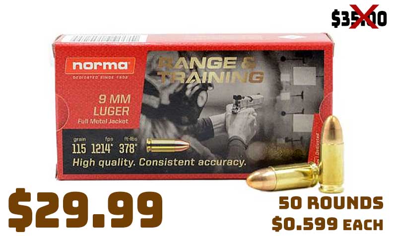 Norma Range 115gr FMJ 9mm Ammunition 50 Rounds PSA Deal