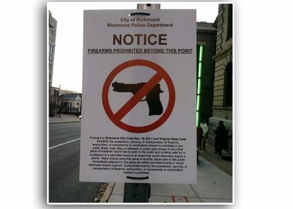 "No Guns" Signs Posted Around Virginia Capitol Area In Richmond