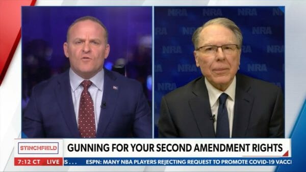 NRA EVP Wayne LaPierre appeared on Grant Stinchfield's Newsmax broadcast. (Screen snip, YouTube, Newsmax)