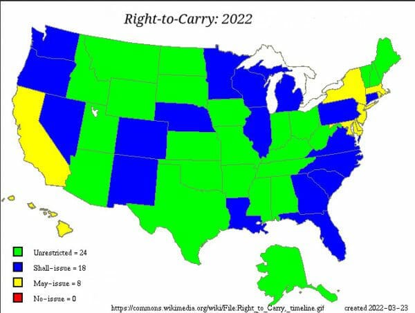 This graphic shows the growth in Constitutional Carry (permitless carry) (green) states.