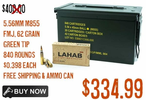 Lahab 5.56x45mm 62 Grain M855 Green Tip FMJ 840 Rounds with Steel Ammo Can dec2022