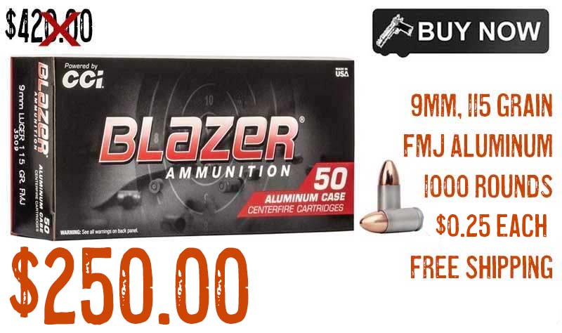 9mm Ammo For Sale - 115gr FMJ Blazer Brass - 1000 Rounds