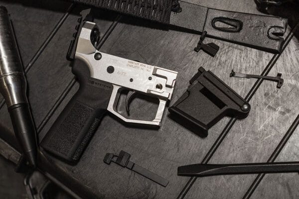 The Angstadt Axl-9 lower features interchangeable magazine wells.