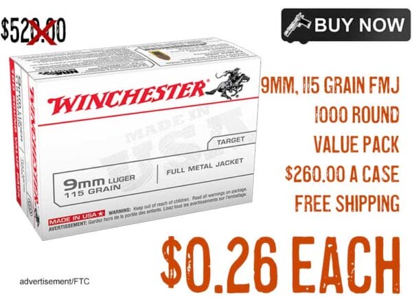 1000Rnd Winchester 9mm 115Gr FMJ Ammo Value Pack $0.26ea FREE S&H