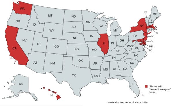 Of those nine states, all but Rhode Island have enacted bans on some semi-automatic firearms, usually under the politically defined label of 