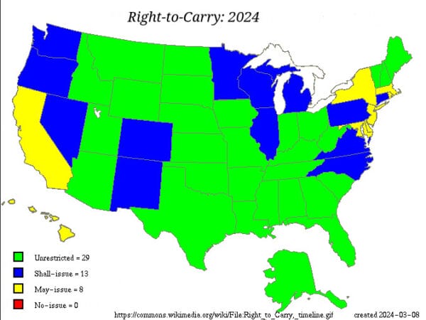 The right-to-carry map shows the current state of the right to carry in the United States of America by state.