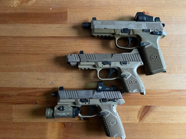 FN 502 Tactical 22LR Pistol (Bottom) FN 509C (Middle) FNX-45 (Top)