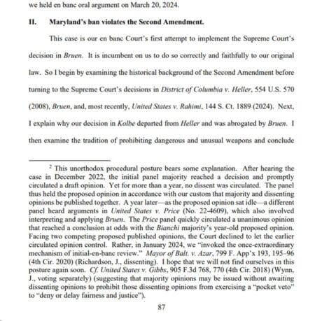 dissenting opinion referenced the manipulation tactics by anti-gun judges within the Fourth Circuit Court of Appeals in footnote number 2 on page 87