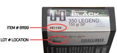 Hornady 350 Legend 150 gr. SP Hornady BLACK Ammunition~ Warning & Recall Notice